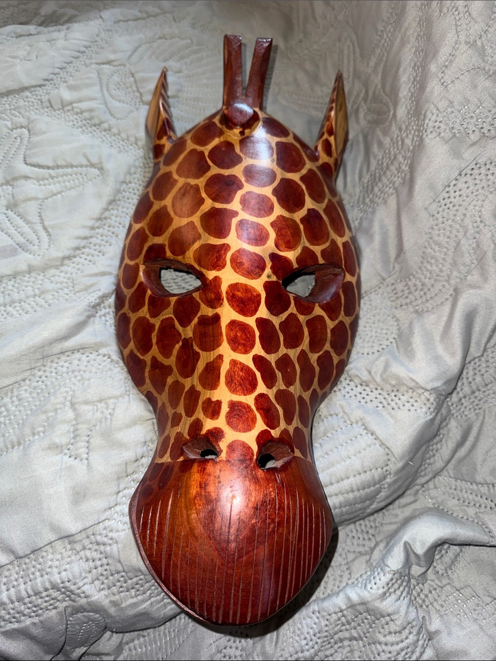 Hand Crafted Giraffe Patterned Wood Mask in Brown & Tan